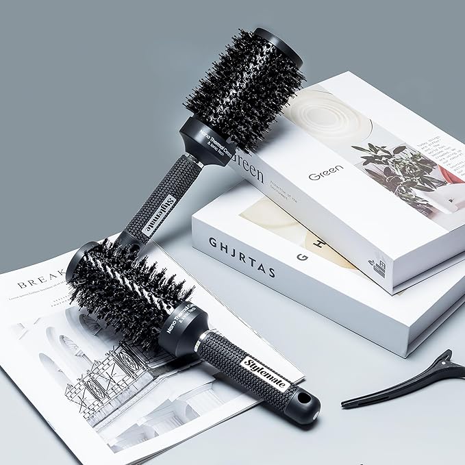 Round Brush, (Barrel 1.7 Inch, 45mm) Nano Thermal Ceramic & Ionic Tech Round Barrel Roller Hair Brush with Boar Bristles for Blow Drying-Black