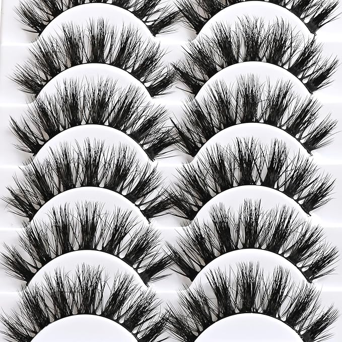 Wispy Lashes Fluffy Mink Eyelashes 16mm Natural Thick False Eye Lash Strips 14 Sets Medium Wispies Fake Strip Doll Eyelash Wet Spikes Style Full Volume Cateye Spiky Lashes Manga Look