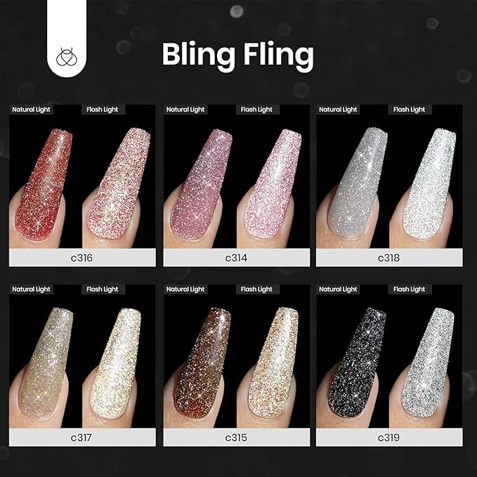 Beetles Reflective Glitter Gel Nail Polish Set, 6 Colors Holographic Sparkle Glitter Gel Polish Flash Diamond Sliver Gold Black Red UV LED Soak Off Manicure Gift for Women Girls