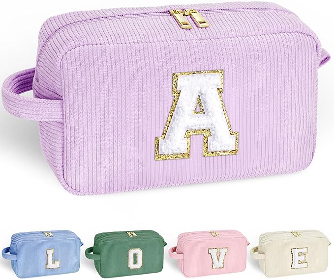 YOOLIFE Purple Travel Makeup Bag - Initial Cosmetic Bag Cute Makeup Bag Travel Essentials Travel Makeup Pouch Small Makeup Brush Bag Makeup Bag Organizer Personalized Gifts for Women Her Letter A