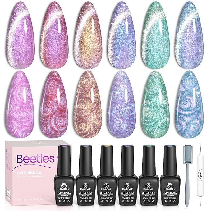 Beetles Pearl Gel Nail Polish, 6 Colors Shimmer Cat Eye Holographic Glitter Nail Polish Set with Magnet Rainbow Mermaid Swirl Shell Thread Purple Pink Blue Green Velvet Gel Manicure Gifts for Women