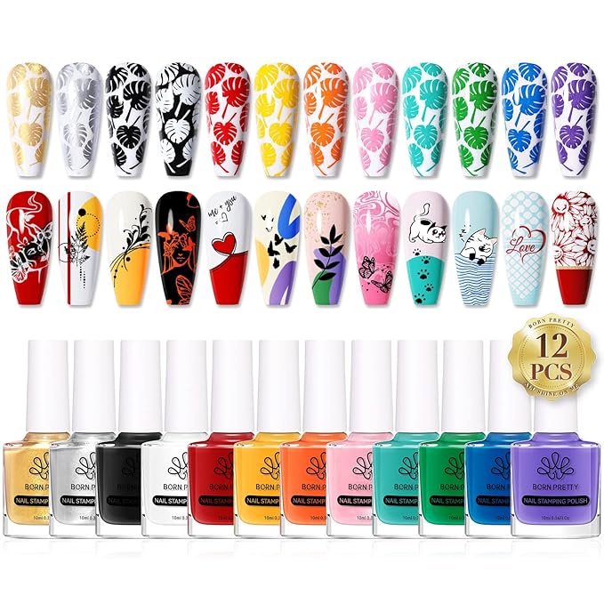 Born Pretty Nail Stamping Polish, Fingernail Stamp Polish Set Manicure Print Nail Polish for Plates 12 Colors Bulk Gift Collection 10ml 0.34fl oz Ideal Gifts