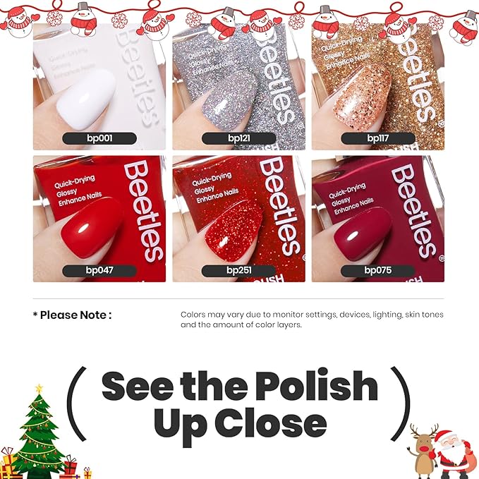 Beetles Red Nail Polish: 6Pcs Glitter Burgundy Red Sparkle Nail Polish Set, Quick Dry & Long Lasting Brilliant Overture White Silver Diy 4th of July Nail Art Design Christmas Gifts for Women