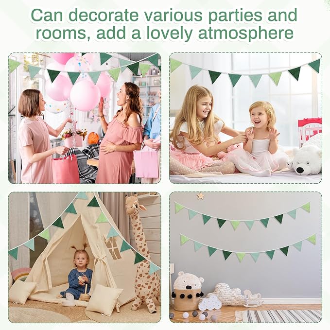 2PCS Pennant Banner Flags, Fabric Bunting Banner Nursery Garland Decor, Baby Shower Garland, Triangle Flags for Baby Boy Room, Playroom, Boho Birthday Party Decor, Each 7.75 ft (Green Blue)