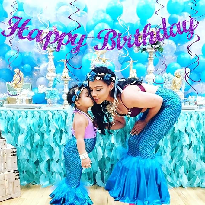 Teal-purple Lavender Girl Mermaid-birthday Party-decorations - 21pcs Happy Banner,Under The Sea Ocean Paper Lanterns Honeycomb Streamers,Tissue Pom Poms Flower Fan,Classroom Hanging Decor Huglony