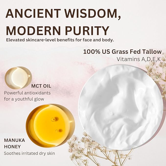 Whipped Organic Grass-Fed Beef Tallow for Skin - 100% Pure, Non-Greasy, Natural Beef Tallow Moisturizer for Face and Body. Honey Beef Tallow Balm – Soothes Sensitive Skin, Absorbs Quickly