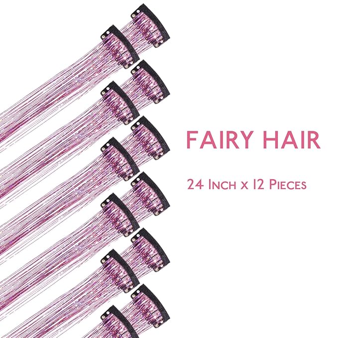 WENNALIFE Hair Tinsel kit for Girls, Clip in Pink, 12PCS 24 Inch Hair Accessories for Women Clip in Colorful Glitter Tinsel Hair Fairy Girls Hair Accessories for Kids