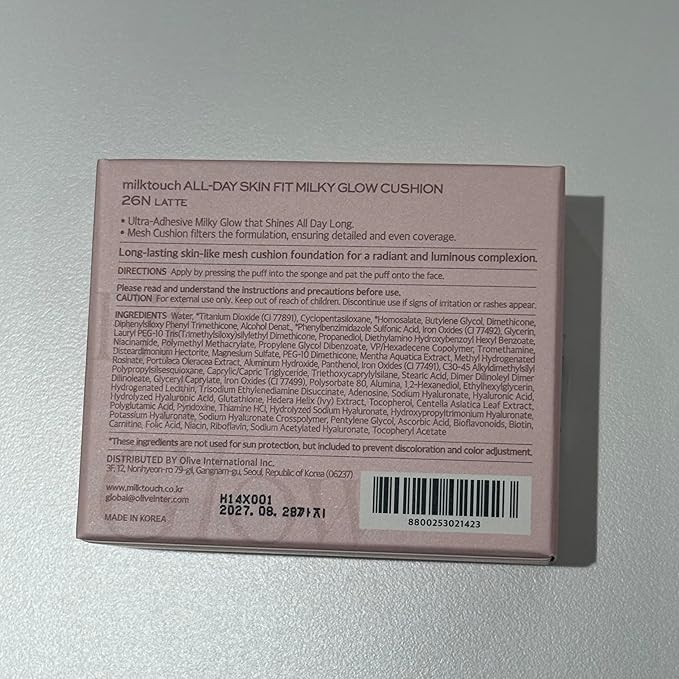 milktouch Cushion Foundation, 24H Flawless Skin, Radiant Shine, No Oxidation, Long-Lasting, Non-Creasing, 60% Hydrating Skincare Infused Korean Foundation, Valentines Gifts (26N Latte)