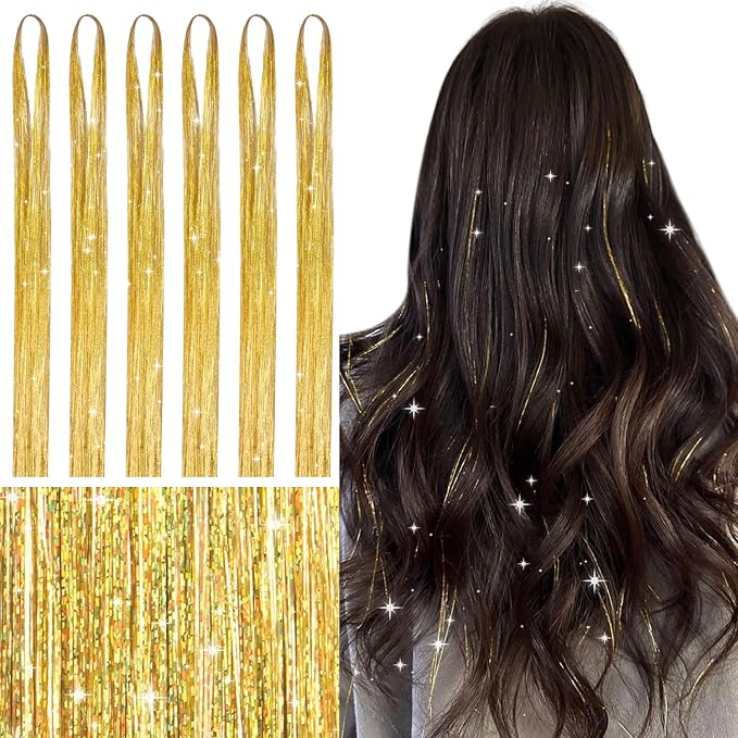 WENNALIFE Hair Tinsel for Girls, Champagne Fairy Kit 1200 Strands 6PCS 48 Inch Heat Resistant Glitter Tinsel Hair Extensions Kit Christmas Feathers Sparkle Strands