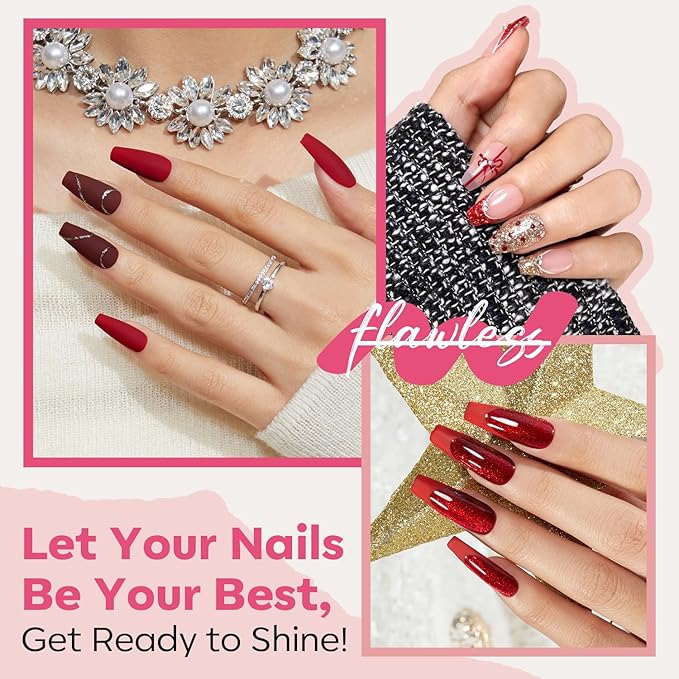 modelones Red Nail Polish Set 6 Colors, Nude Gold Burgundy Glitter Quick Dry Sparkle Mini Manicure Kit DIY Nail Art Salon Home Christmas Gifts for Women Girls