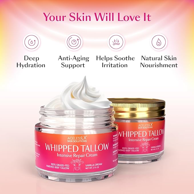 100% Grass Fed Beef Tallow for Skin - Face and Body - No Oils Added, Whipped Tallow Balm - Deep Hydration and Skin Repair - Vanilla Essence - Soothes Dry Skin and Irritation - Fast-Absorbing