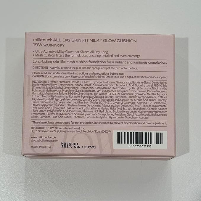 milktouch Cushion Foundation, 24H Flawless Skin, Radiant Shine, No Oxidation, Long-Lasting, Non-Creasing, 60% Hydrating Skincare Infused Korean Foundation, Valentines Gifts (19W Warm Ivory)