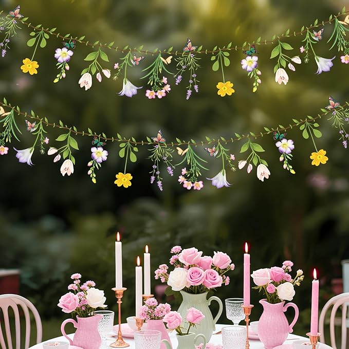 2PCS Flower Banner Reusable Wildflower Garland Floral for Spring Party Enchanted Garden Theme Picnic Wedding Baby Shower Birthday Tea Party Christmas Valentine's Day Supplies Home Decorations