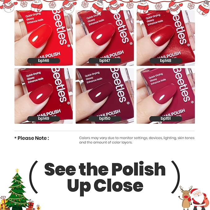 Beetles Red Nail Polish Set Blazing Rose, 6 Colors Dark Red Burgundy Nail Polish Glossy 15ml Enhance Nails Quick Dry Fingernail Polish for Nail Art Manicure DIY at Home Christmas Gifts For Women