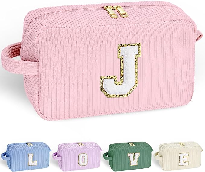 YOOLIFE Birthday Gifts for Women - Cute Makeup Bag Makeup Brush Bag Preppy Bridal Shower Gifts Womens Gifts Pink Makeup Bag Personalized Gifts for Friend Sister Mom Gifts for Women Girls Pink Letter J