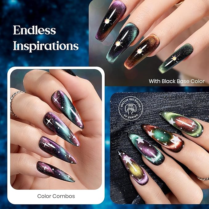 Beetles Cat Eye Gel Nail Polish Set - 6 Colors Halloween Chameleon Cat Eye Black Glitter Red Blue Gold Green Orange Gel Polish with Magnet Soak Off UV Velvet Gel Salon French Nail Art Gift for Women
