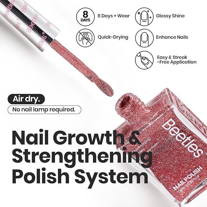 Beetles Glitter Nail Polish Set, 6 Color Silver Pink Gold Red Brown Black Quick Air Dry Nail Polish Natural Elegant Nail Lacquer Manicure DIY Nail Art Salon Christmas Gifts For Women