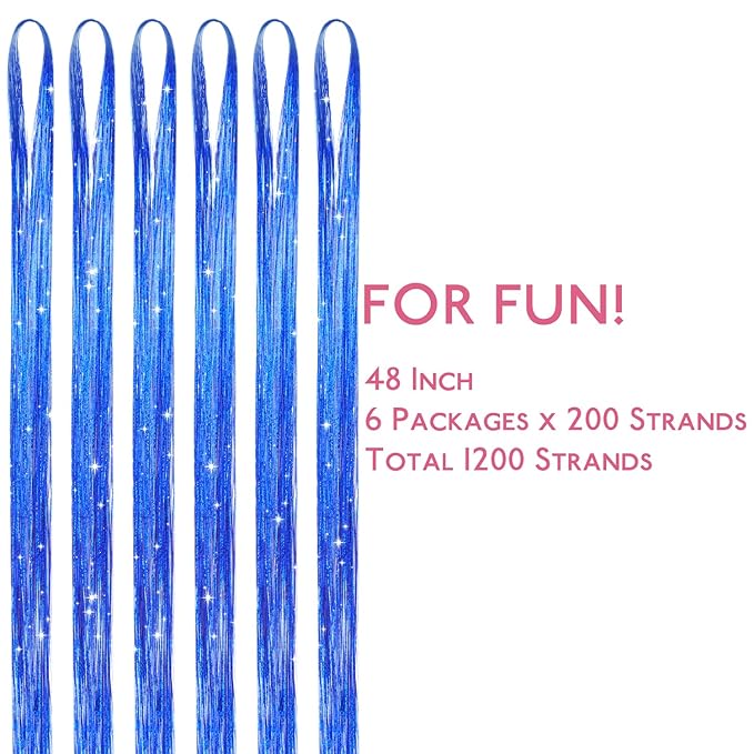 WENNALIFE Hair Tinsel for Girls, Treasure Blue Fairy Kit 1200 Strands 6PCS 48 Inch Heat Resistant Glitter Hair Extensions Kit Christmas Feathers Sparkle Strands