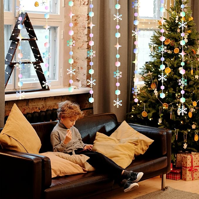 Snowflake-Snow Iridescent-Holographic Christmas Party-Decorations Streamers - 52Ft White Winter Wonderland Frozen Hanging Paper Garland Banner,Birthday Wedding Baby Shower New Year Supplies Hugtmr