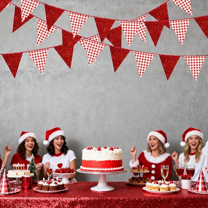 Red Buffalo Plaid Party Decorations Pennant Banner Flag Hanging Red Glitter Paper Triangle Bunting for Birthday Anniversary Baby Shower Wedding Bridal Shower Christmas Holiday Party Decor Supplies