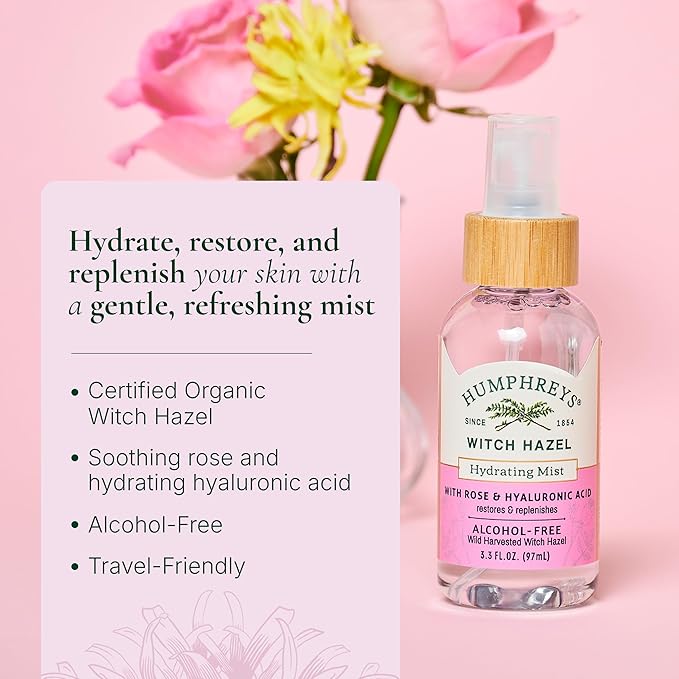 Humphreys Witch Hazel Hydrating Toner Mist Spray | Balancing & Hydrating Facial Toner | Alcohol-Free | Wild Harvested Witch Hazel | Soothing Rose Water | 3.3 Fl Oz Travel Size | Vegan & Cruelty-Free
