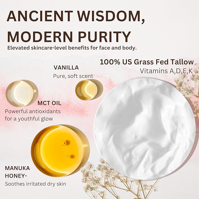 Whipped Organic Grass-Fed Beef Tallow for Skin - 100% Pure, Non-Greasy, Natural Beef Tallow Moisturizer for Face and Body. Honey Beef Tallow Balm – Soothes Sensitive Skin, Absorbs Quickly