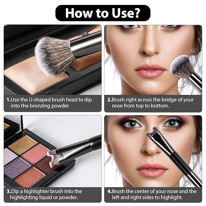 2 in 1 Nose Contour Brush, Dual-Ended U-Shaped Nose Sculpting & Blush Brush Precision Fluffy Contouring Brushes Perfect Defining Angled Cheek Bones, Highlight, Powder, Contour, Makeup Beginners