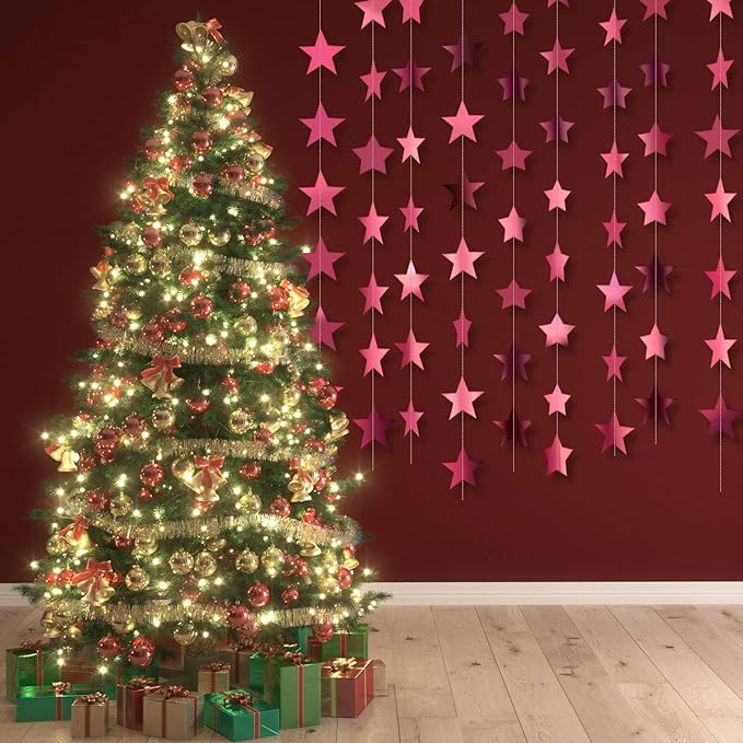 Patelai Glitter Star Garland Banner New Years Decor 130 Feet Star Hanging Banner Twinkle Backdrop for Birthday Classroom Wedding Halloween Christmas Party Supplies(Rose Pink)