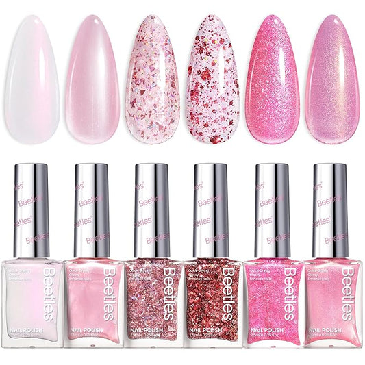 Beetles Glitter Nail Polish Set, 6 Colors Pink Nail Polish Kit Shimmer Gold Nude Jelly Pink Reverie Quick Dry Fingernail Polish Gifts for Women Salon DIY Manicure Kit