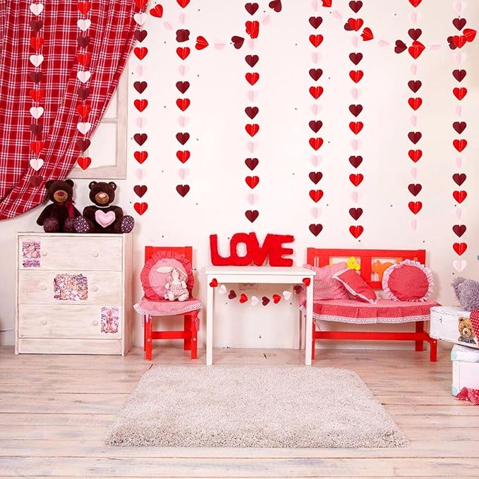 Pink Red Party-Decorations Heart-Garland - 39Ft 3D Burgundy Proposal Romantic Special Night Galentines Hanging Paper Streamers Banner,Engagement Wedding Baby Bridal Shower Decor Ouruola