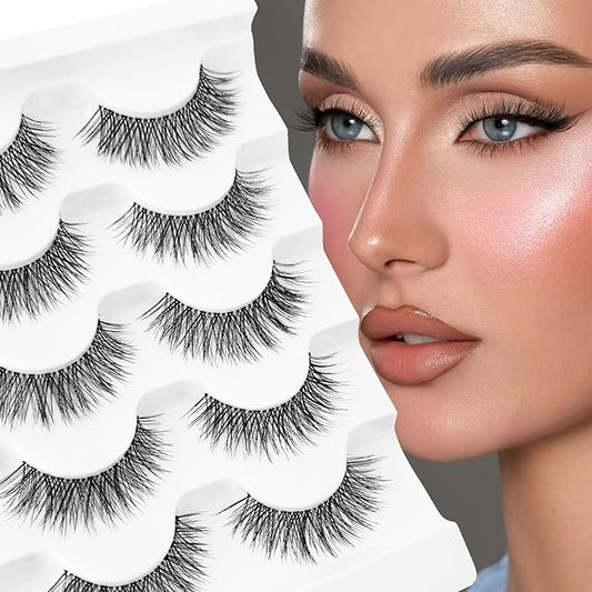 Wispy Lashes Natural Look Cat Eye Lash NINGLASH False Eyelashes Clear Band Fake Eyelash 14mm Faux Lashes Strips 5 Pairs Lash Pack