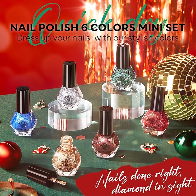 modelones New Year Nail Polish Set 6 Colors, Red Green Burgundy Gold Silver Blue Glitter Quick Dry Mini Nail Lacquer Kit with Christmas Stickers, Sparkle Winter Nail Art Manicure Gift for Girls Women