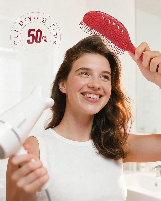 AIMIKE Detangling Brush, Wet Dry Vented Detangler Brush w/Soft Bristles, Pain-Free Detangle Hairbrush Loosens Stubborn Tangles, Extra Gentle on Sensitive and Fine Hair, for Women & Kids- Shiny Rose