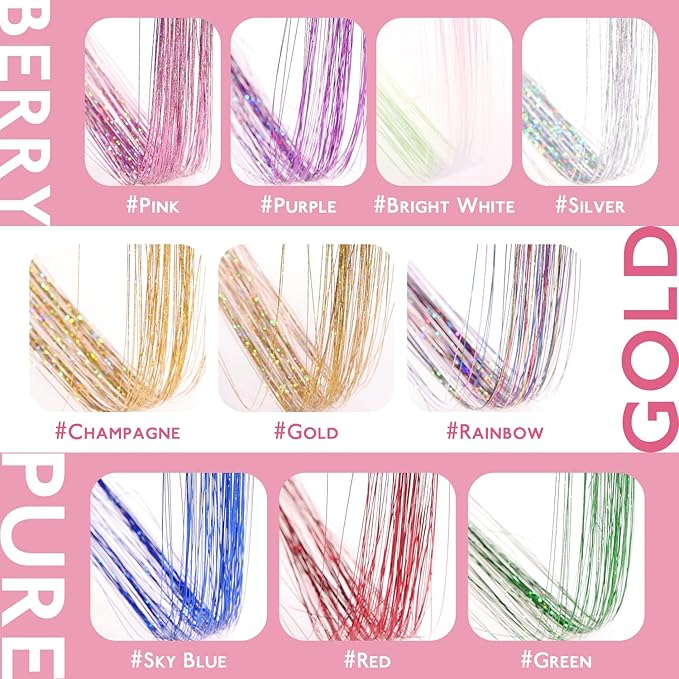 WENNALIFE Hair Tinsel kit for Girls, Clip in Green, 12PCS 24 Inch Hair Accessories for Women Clip in Colorful Glitter Tinsel Hair Fairy Girls Accessories for Kids