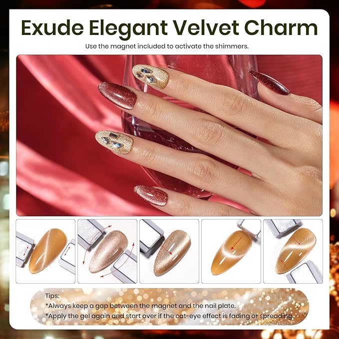 Beetles Cat Eye Gel Nail Polish Set - 6 Colors Glitter Burgundy Red Silver Blue Purple Green Gold Magnetic Cat Eye Gel Polish Holographic Effect Velvet Nail Art Salon DIY Home Gift for Women