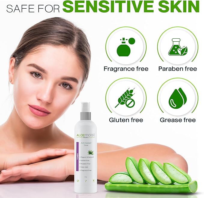 Aloe Vera Toner for Sensitive Skin: Hydrating Facial Toner for Women Anti Aging Dry, Oily & Acne Prone Skin with Soothing Aloe Vera, Pore Minimizing Witch Hazel, pH Balancing Antioxidant Green Tea 8oz