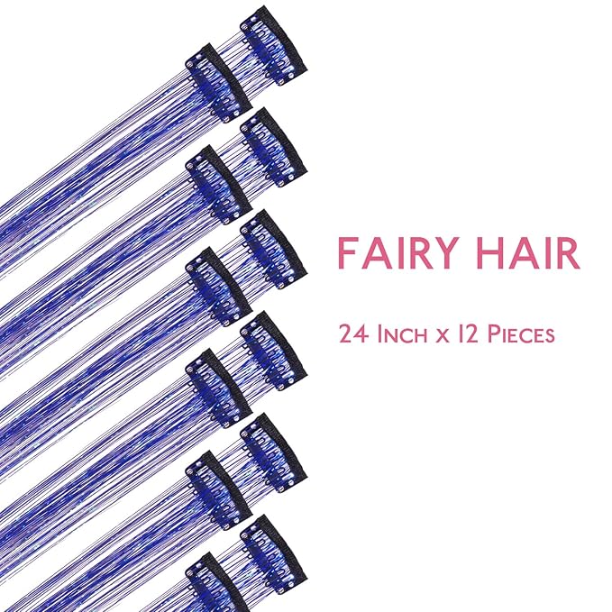 WENNALIFE Hair Tinsel kit for Girls, Clip in Sky Blue, 12PCS 24 Inch Hair Accessories for Women Clip in Colorful Glitter Tinsel Hair Fairy Girls Hair Accessories for Kids
