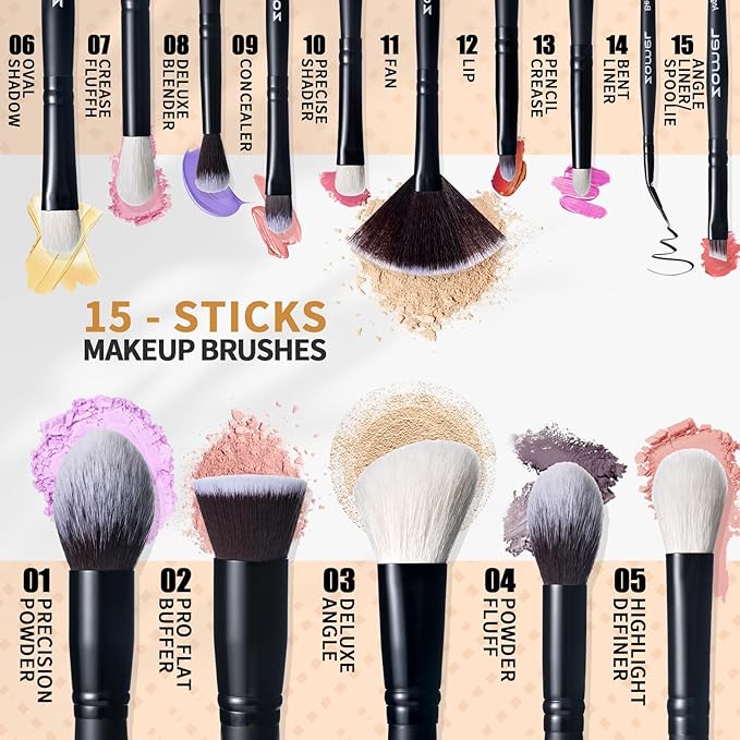 ZAMEL Professional Travel Goat Hair Makeup Brushes Set, 15Pcs Kabuki Face & Eye Makeup Brush set Ultra Soft Dense Flat Foundaiton Blush And Extra-large loose Powder Brush Eyeshadow