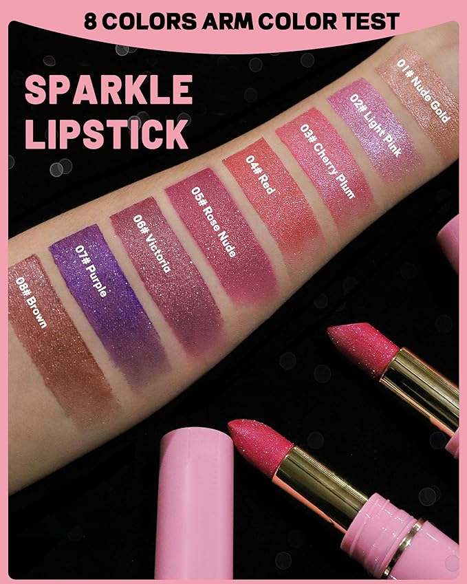 Glitter Metallic Purple Nude Shimmer Lipstick Long Lasting, Glitter Diamond Shine Red Lipstick Transfer Proof Non-Stick Lip Gloss Shimmer Highly Pigmented Full Coverage Lip Makeup for Women-07