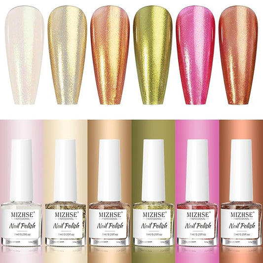 MIZHSE Quick Dry Nail Polish Set: Mermaid Pearl Nail Polish 6 Colors, Aurora Effect Nail Lacquer Non Gel Air Dry Fast, White Green Brown Pink Colors Nail Art Manicure Home Gift