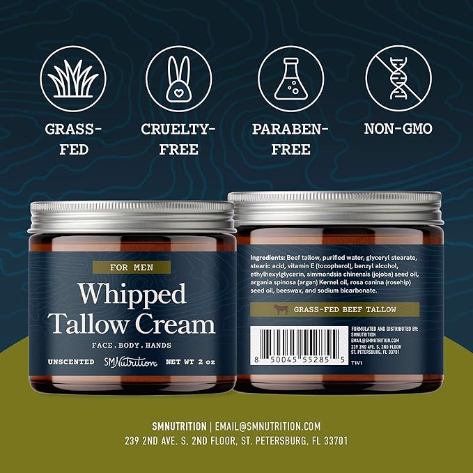 Whipped Beef Tallow Cream for Men | Face & Body | Beef Tallow for Skin Health & Barrier Support | Unscented | Whipped Men’s Moisturizer Cream with Beeswax | Grass-Fed, Cruelty-Free & Non-GMO | 2 oz