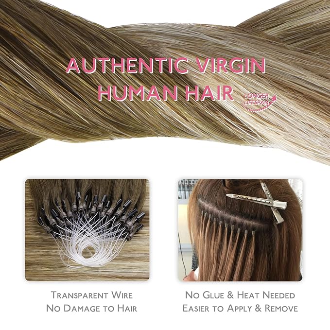 WENNALIFE Microlink Hair Extensions Human Hair, 50g 50s 14 Inch Ombre Walnut Brown to Ash Brown and Bleach Blonde Remy Hair Microbead Micro Link Microloop Microring Invisible Straight Natural Fusion