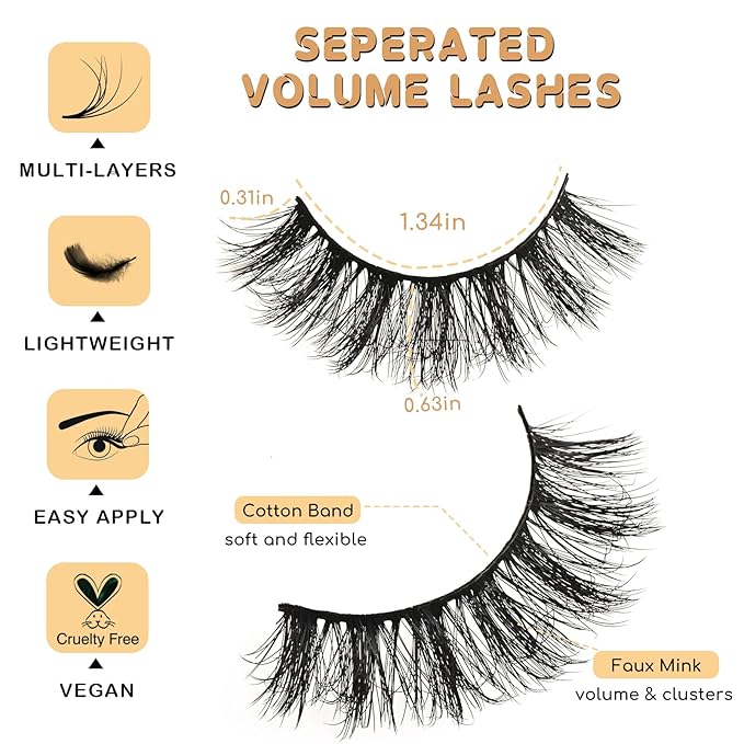 Wispy Lashes Fluffy Mink Eyelashes 16mm Natural Thick False Eye Lash Strips 14 Sets Medium Wispies Fake Strip Doll Eyelash Wet Spikes Style Full Volume Cateye Spiky Lashes Manga Look
