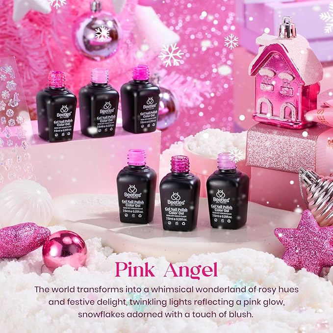 beetles Gel Polish Pink Angel - Christmas Gel Nail Polish Set Pink Rose Nude Glitter Sparkle Light 6 Colors Kit Soak off Uv Led Nail Art DIY Salon Home Gift for Women Girls