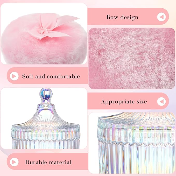 Tioncy 3 Pcs Large Body Powder Puff and Container Powder Container with Puff Crystal Case Soft Washable Reusable Velour Face Body Glitter Wet Dry Makeup(Simple,Dazzling)