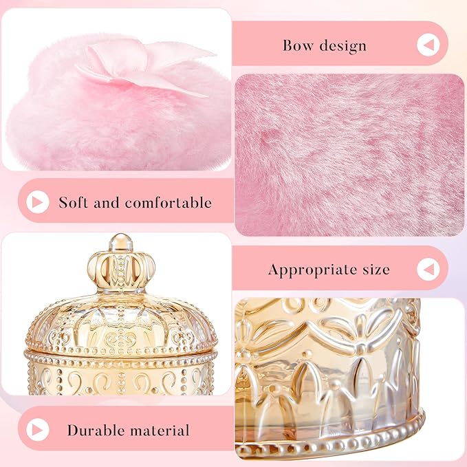 Tioncy 3 Pcs Large Body Powder Puff and Container Powder Container with Puff Crystal Case Soft Washable Reusable Velour Face Body Glitter Wet Dry Makeup(Crown,Amber)