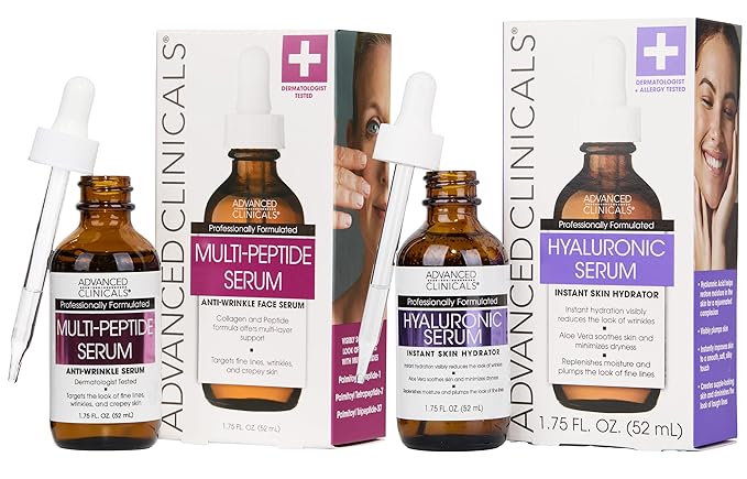 Advanced Clinicals Hyaluronic Acid Moisturizer Face Serum + Collagen Peptide Facial Serum Skin Care Set | Hydrating Serums For Diminishing Appearance Of Wrinkles, Dry Skin, Fine Lines, Set Of 2