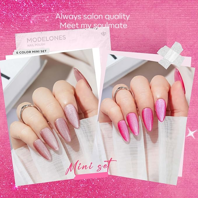 modelones Cat Eye Nail Polish Set, 6 Colors Magnet Dark Red Black Pink Shimmer Glitter Quick Dry Nail Polish Set Bulk Manicure Diy Nail Art Salon Home Gift for Women Girl