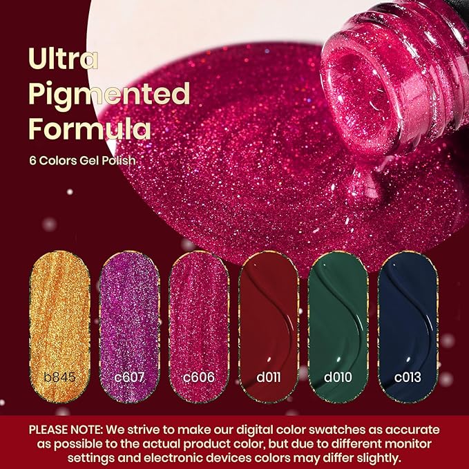 Beetles Fall Gel Nail Polish Kit, 6 Colors Gold Green Burgundy Red Glitter Gel Polish Soak Off Uv Nail Lamp Cured Holiday Nail Gel DIY Home Manicure Kit Gifts for Women Girls