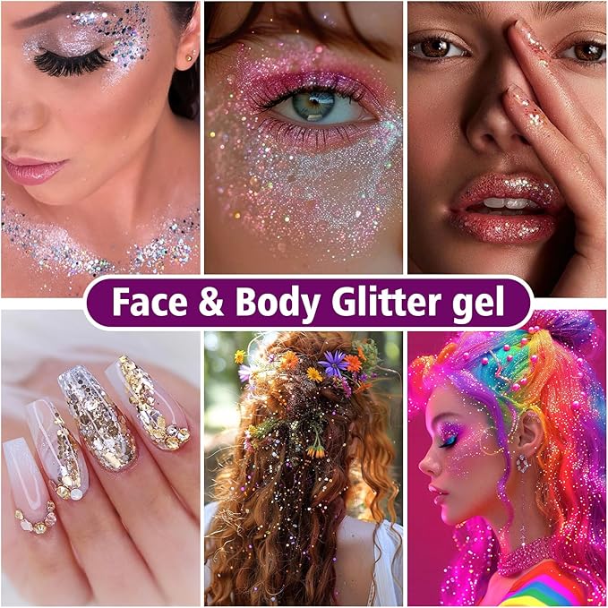 10 Colors Body Glitter,Face Glitter Makeup for Kids Women,Sparkly Chunky Hair Glitter for Eye Lip Hair Nails,Mardi Gras Glitter Makeup Face Paint,Singer Concerts Disco Rave Festival Accessories